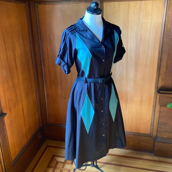 Tatyana Retro Belted Bowling Shirtwaist Dress in Black Turquoise Teal Harlequin - Picture 5 of 7